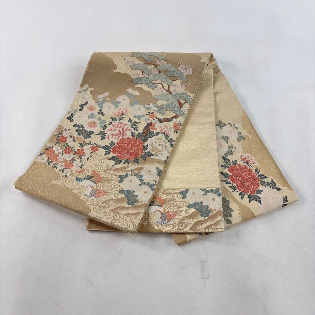 袋帯 秀品 牡丹 鴛鴦 金糸 箔 金色 お太鼓柄 正絹｜中古・古着