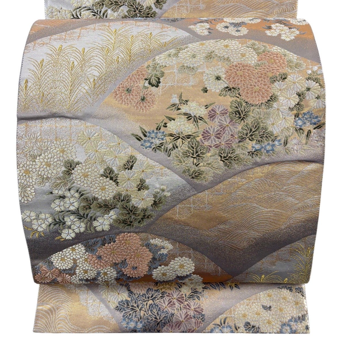 美品】 袋帯 秀品 琳派山取文 山並 草花 金糸 箔 灰茶 六通 正絹｜中古