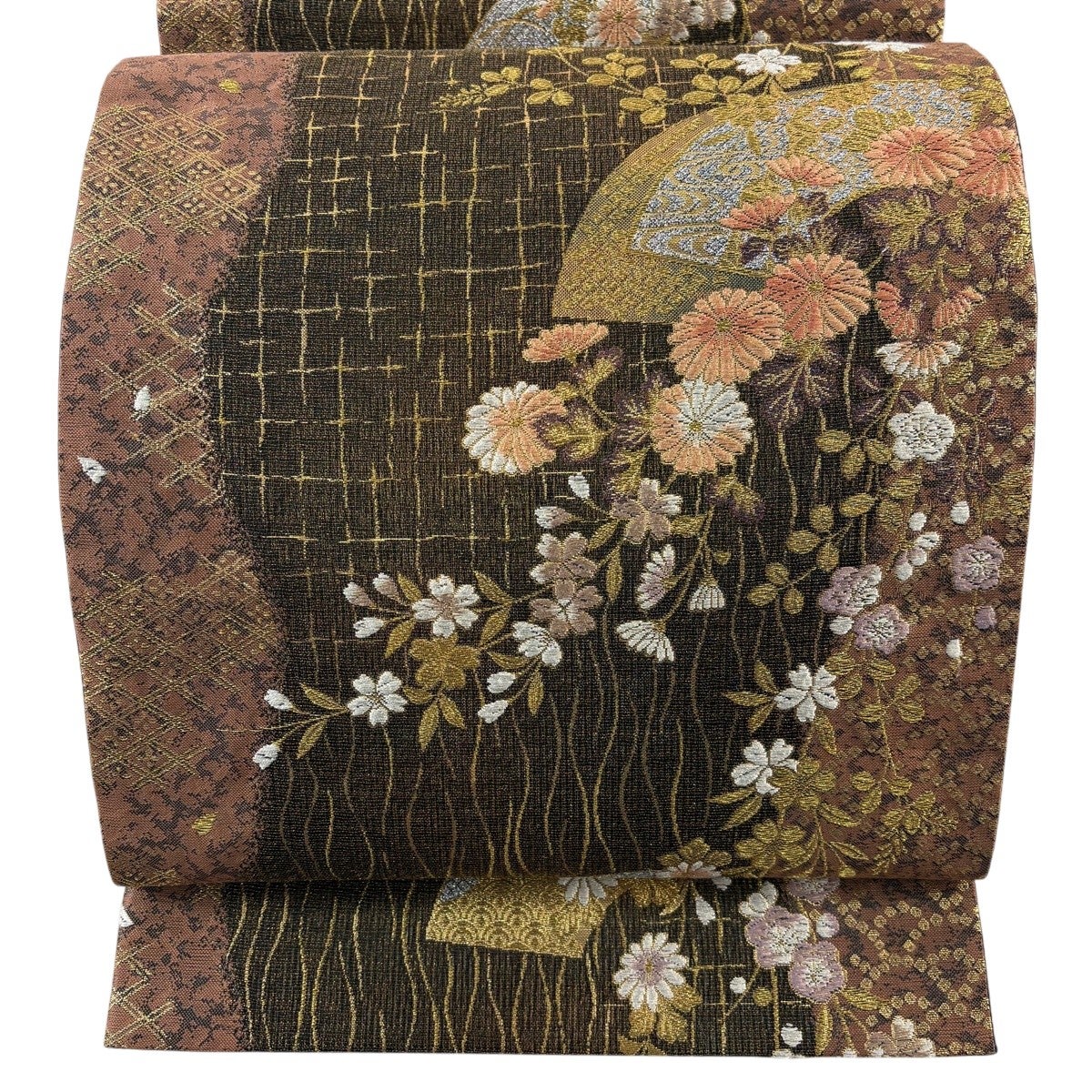 袋帯　ブラウン　扇に草花 美品】 袋帯 秀品 扇面 草花 金糸 箔 金茶 六通 正絹｜中古・古着