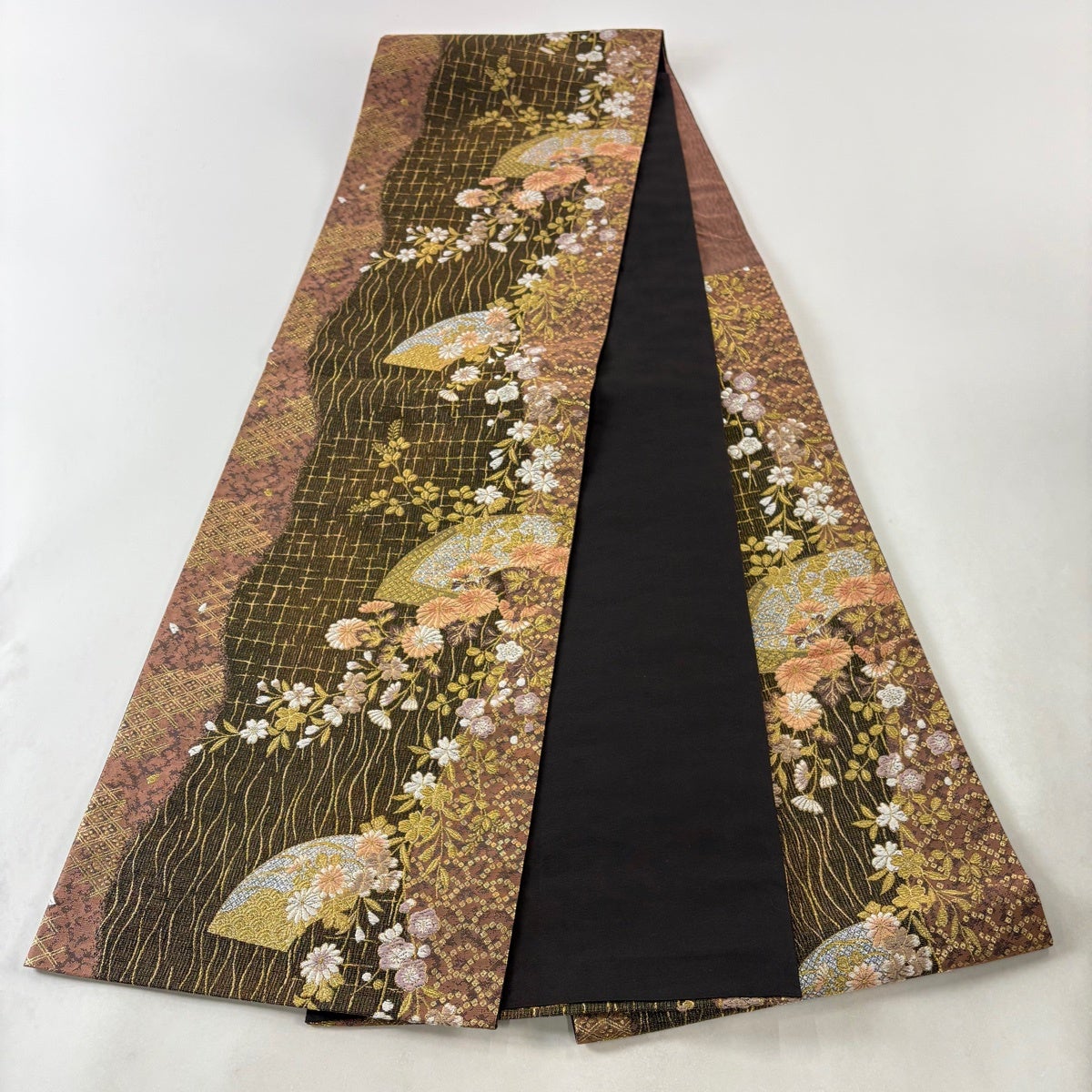 美品】 袋帯 秀品 扇面 草花 金糸 箔 金茶 六通 正絹｜中古・古着