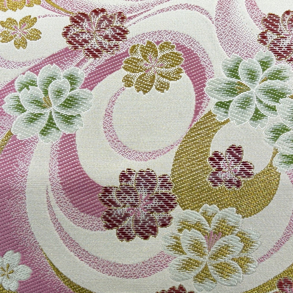 美品】 袋帯 秀品 振袖向き 桜 幾何学 金糸 ピンク 六通 正絹｜中古