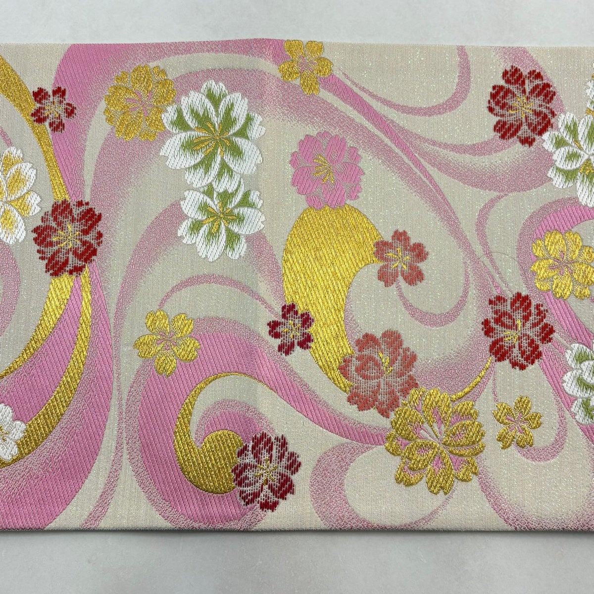 袋帯　振袖　成人式　黄色　ピンク　花柄 　六通　中古　Ｏ-183 美品】 袋帯 秀品 振袖向き 桜 幾何学 金糸 ピンク 六通 正絹 【中古