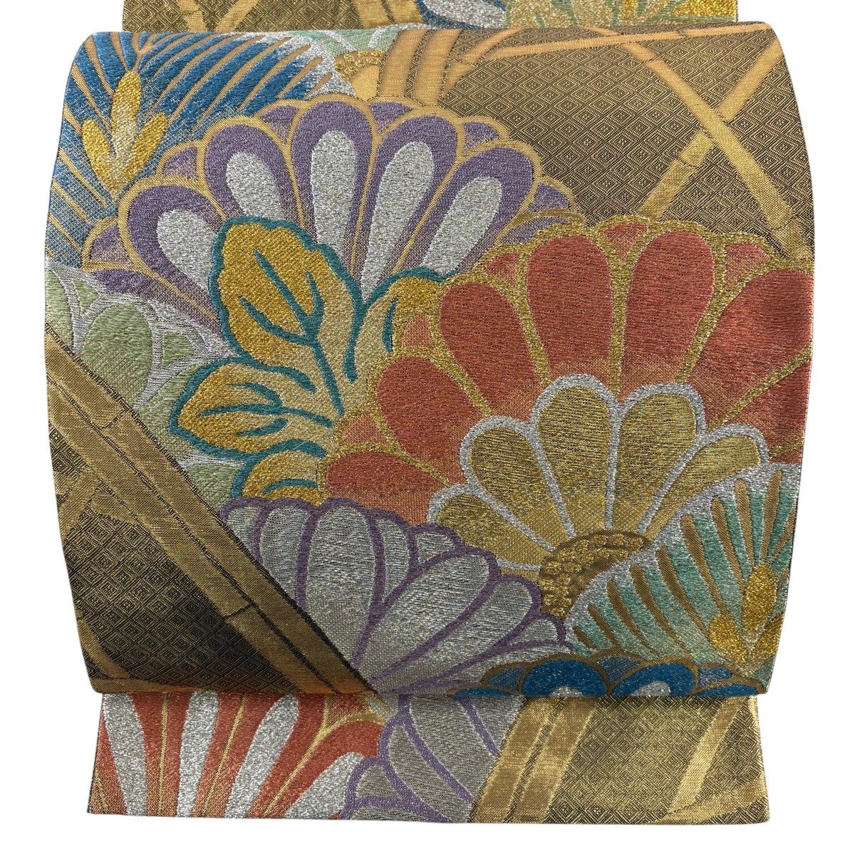 美品】 袋帯 秀品 振袖向き 菊 若松 金銀糸 箔 金色 六通 正絹｜中古
