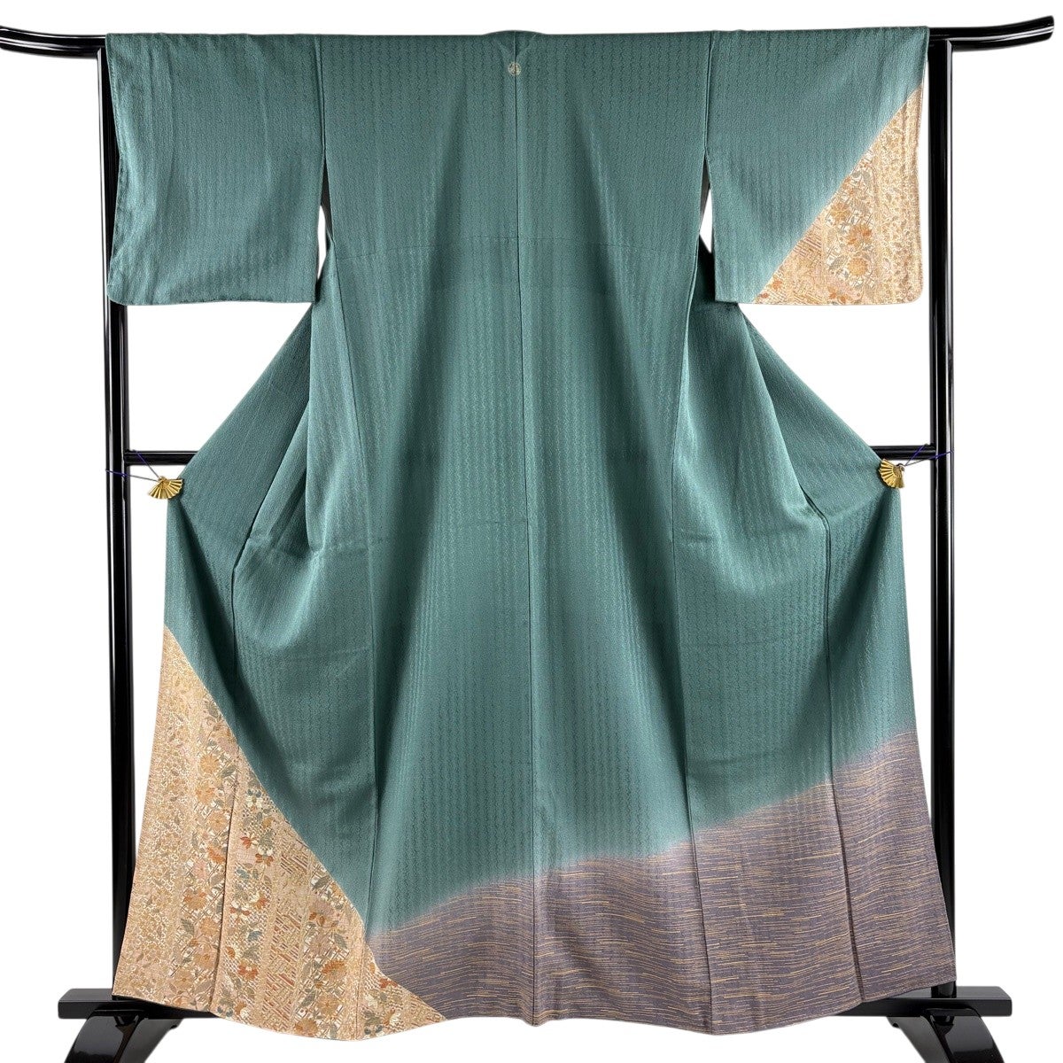 美品】 付下げ 身丈160.5cm 裄丈64cm M 袷 草花 金彩 染め分け 緑
