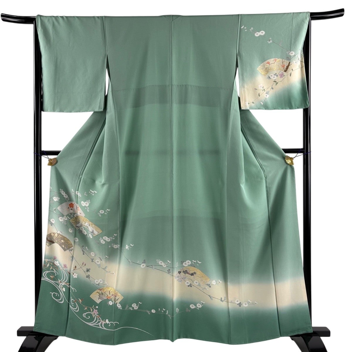 訪問着 身丈161cm 裄丈65cm 袷 草花 雪芝 絞り 金彩 薄緑 正絹 訪問着 身丈160.5cm 裄丈65cm M 袷 扇面 草花 刺繍 金銀彩 灰色 正絹