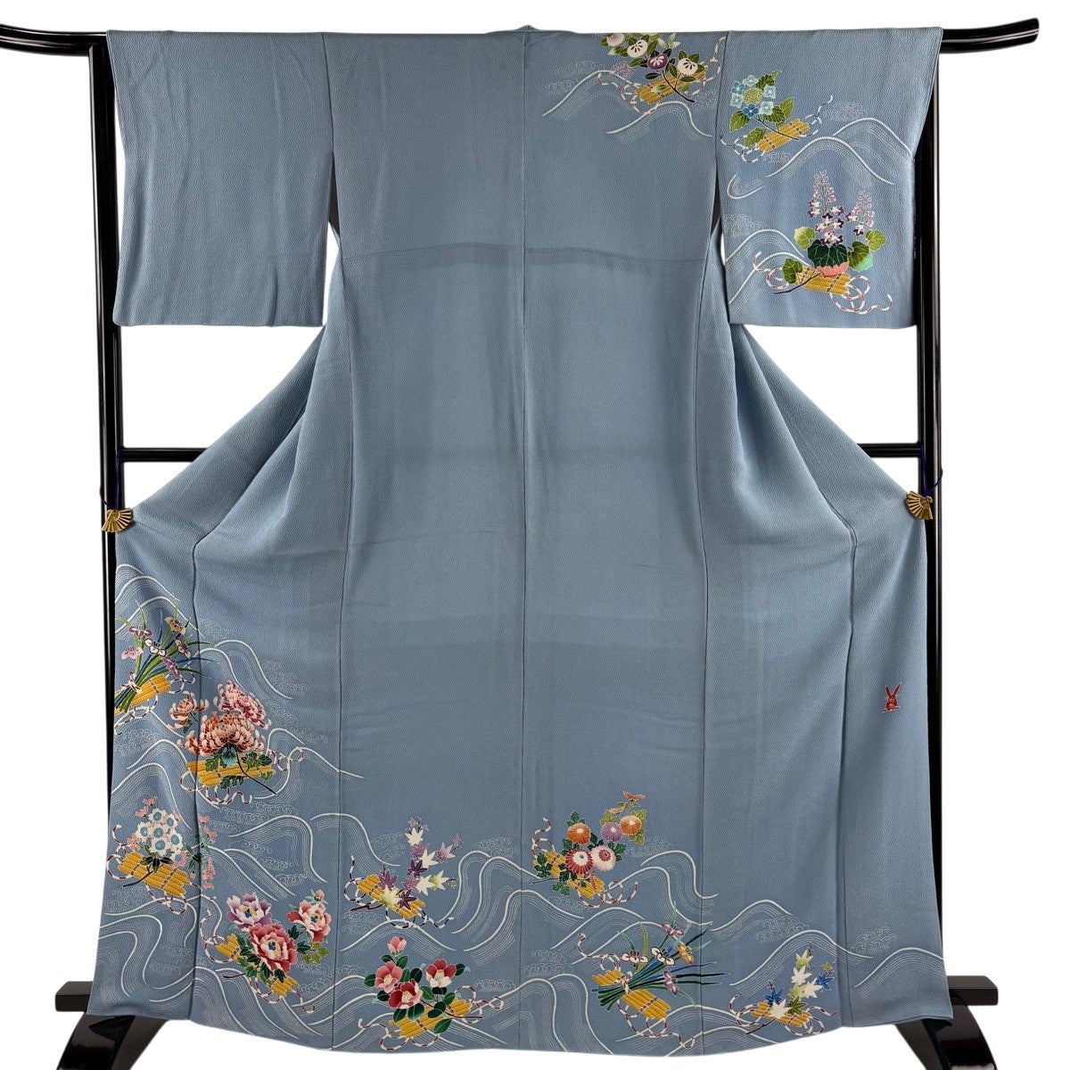 【上質付け下げ】モダン抽象柄／美品／身丈160・裄67／落ち着きある一枚 付下げ 身丈160cm 裄丈66cm M 袷 華文 逆さ雲取り 刺繍 灰色 正絹 秀品