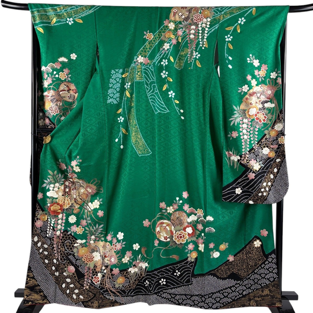 美品】 振袖 身丈162cm 裄丈65cm M 袷 桂由美 落款あり 御所車 草花