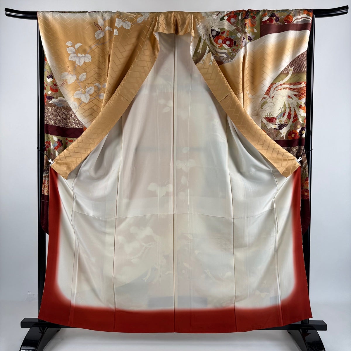 振袖 身丈162cm 裄丈66.5cm M 袷 鳥 菊 金彩 ぼかし 鶯色 正絹 秀品