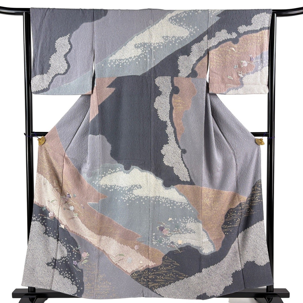 30%OFF 訪問着 身丈157.5cm 裄丈63cm S 袷 吹き寄せ 霞 絞り 刺繍 灰紫