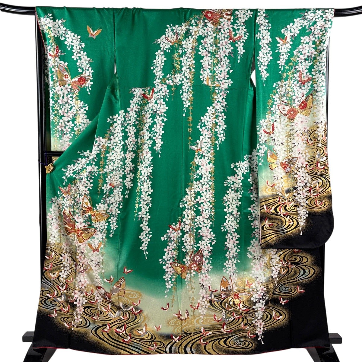 振袖 身丈163.5cm 裄丈69.5cm L 袷 蝶 桜 金糸 金銀彩 緑 正絹 秀品