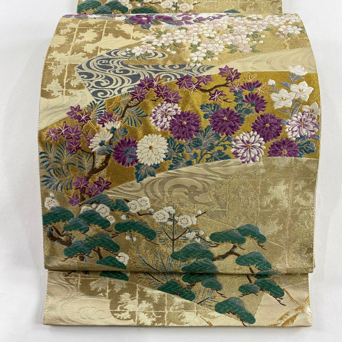 美品】 袋帯 名品 じゅらく 落款あり じゅらく帝王紫 菊 花鳥 金銀糸