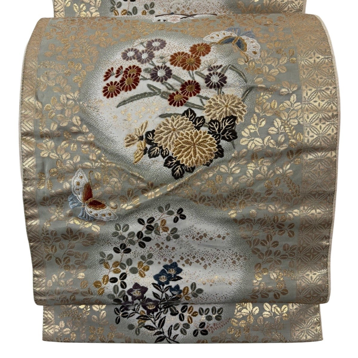 袋帯 秀品 菊 枝梅 金糸 箔 灰緑 六通 正絹｜中古・古着・リサイクル