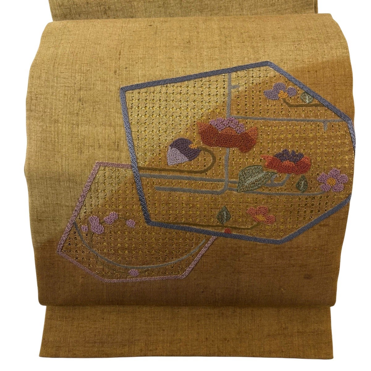 50%OFF 【美品】 袋帯 秀品 紬地 草花 刺繍 茶色 お太鼓柄 正絹 K50