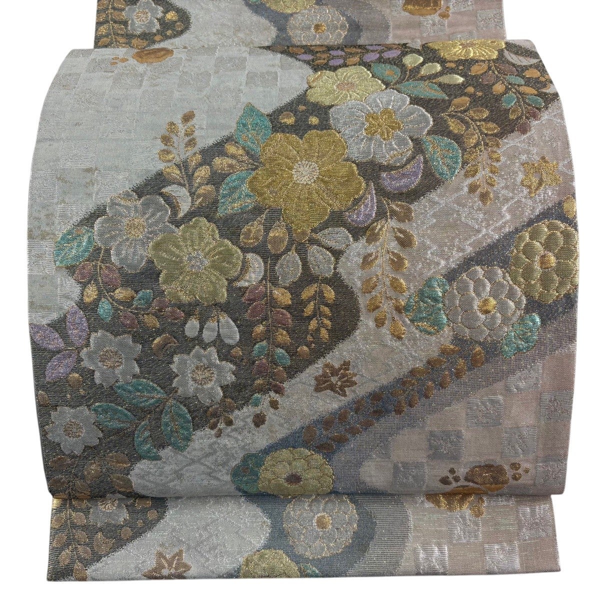 美品】 袋帯 秀品 振袖向き 辻が花柄 草花 金銀糸 箔 灰色 六通 正絹