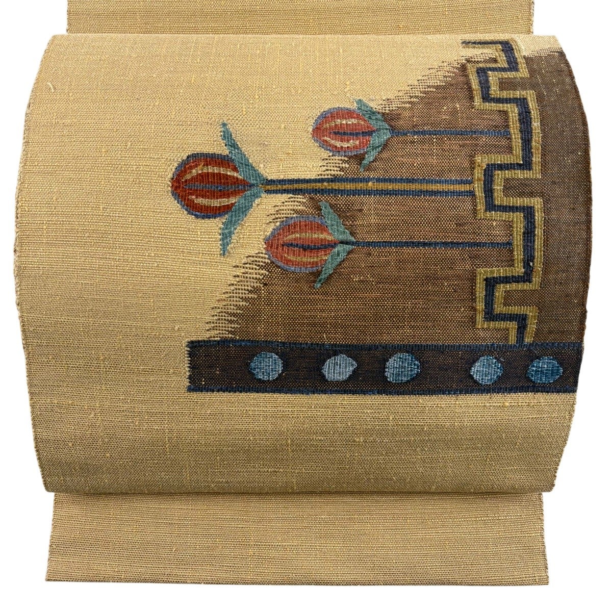 美品】 名古屋帯 秀品 紬地 八寸名古屋帯 松葉仕立て 草花 幾何学模様
