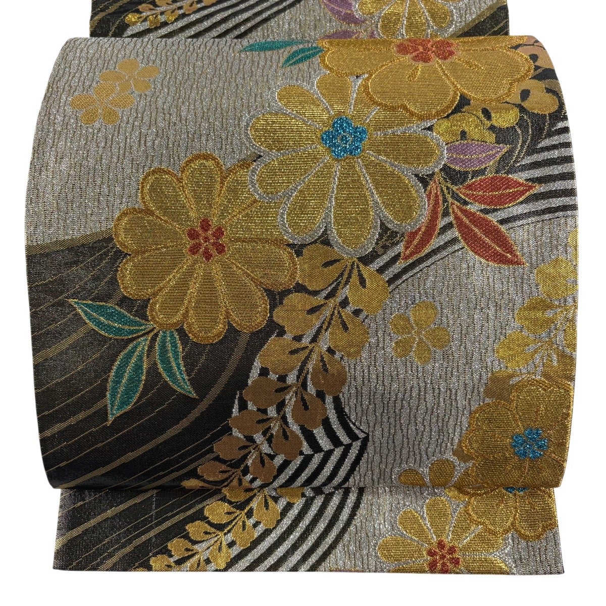 袋帯 美品 秀品 鳳凰 草花 金銀糸 箔 薄緑 六通 正絹 【中古】 袋帯 秀