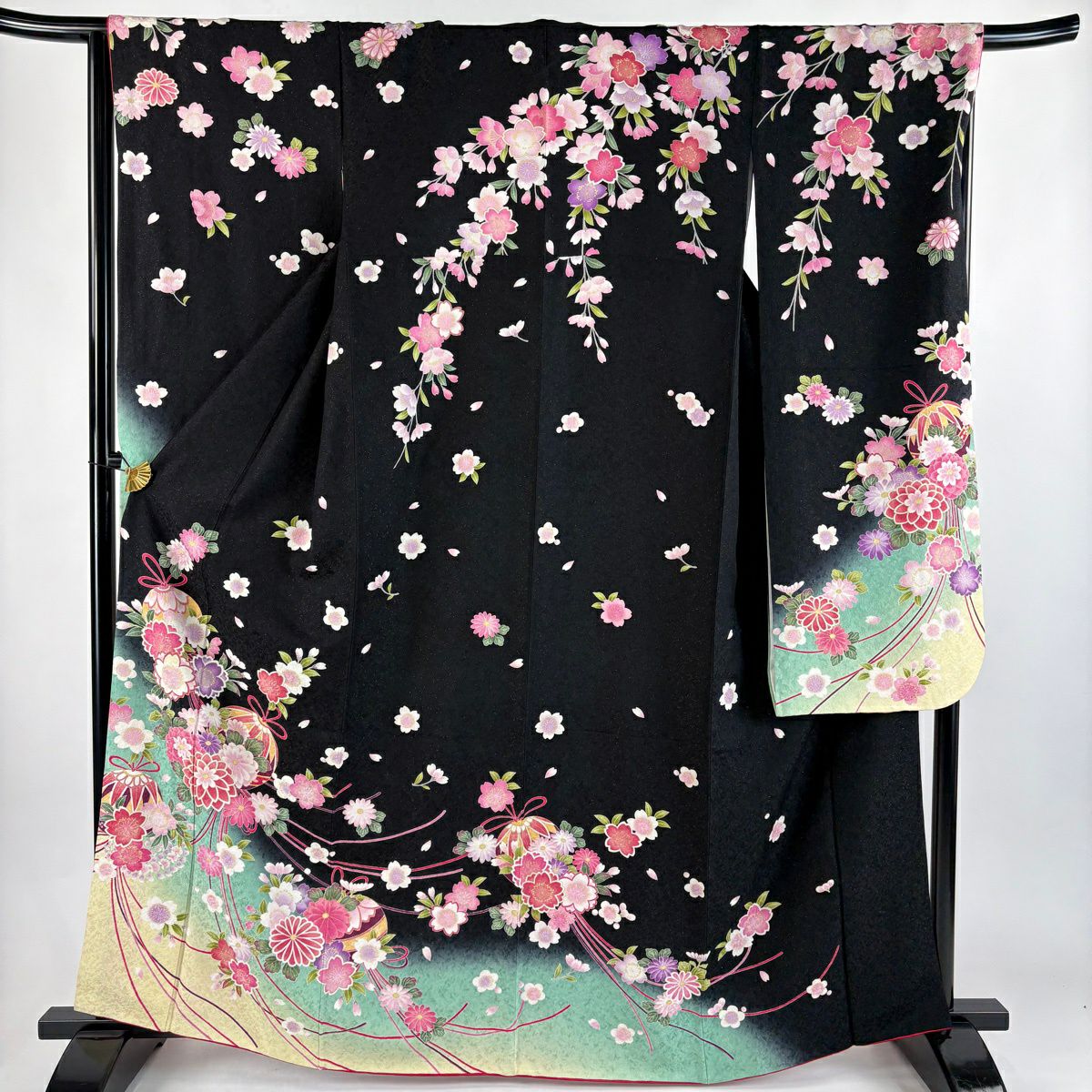 振袖 身丈166cm 裄丈67.5cm L 袷 辻が花 波 金通し 金彩 青 正絹 名品
