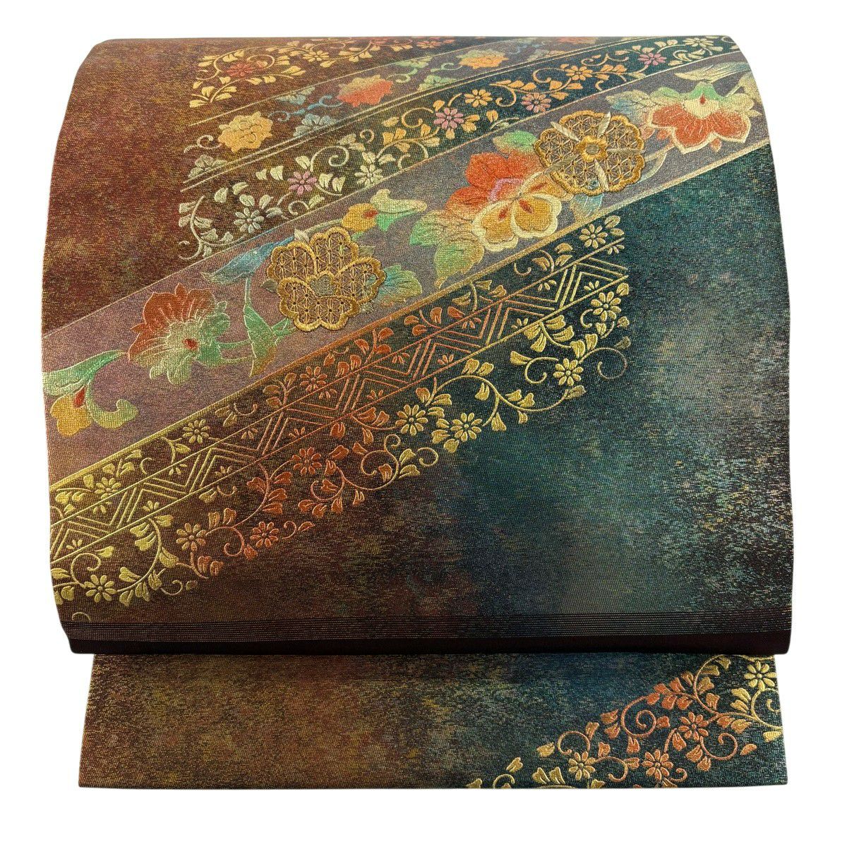 美品】 開き名古屋帯 秀品 鳥 花唐草 金糸 赤茶 正絹｜中古・古着
