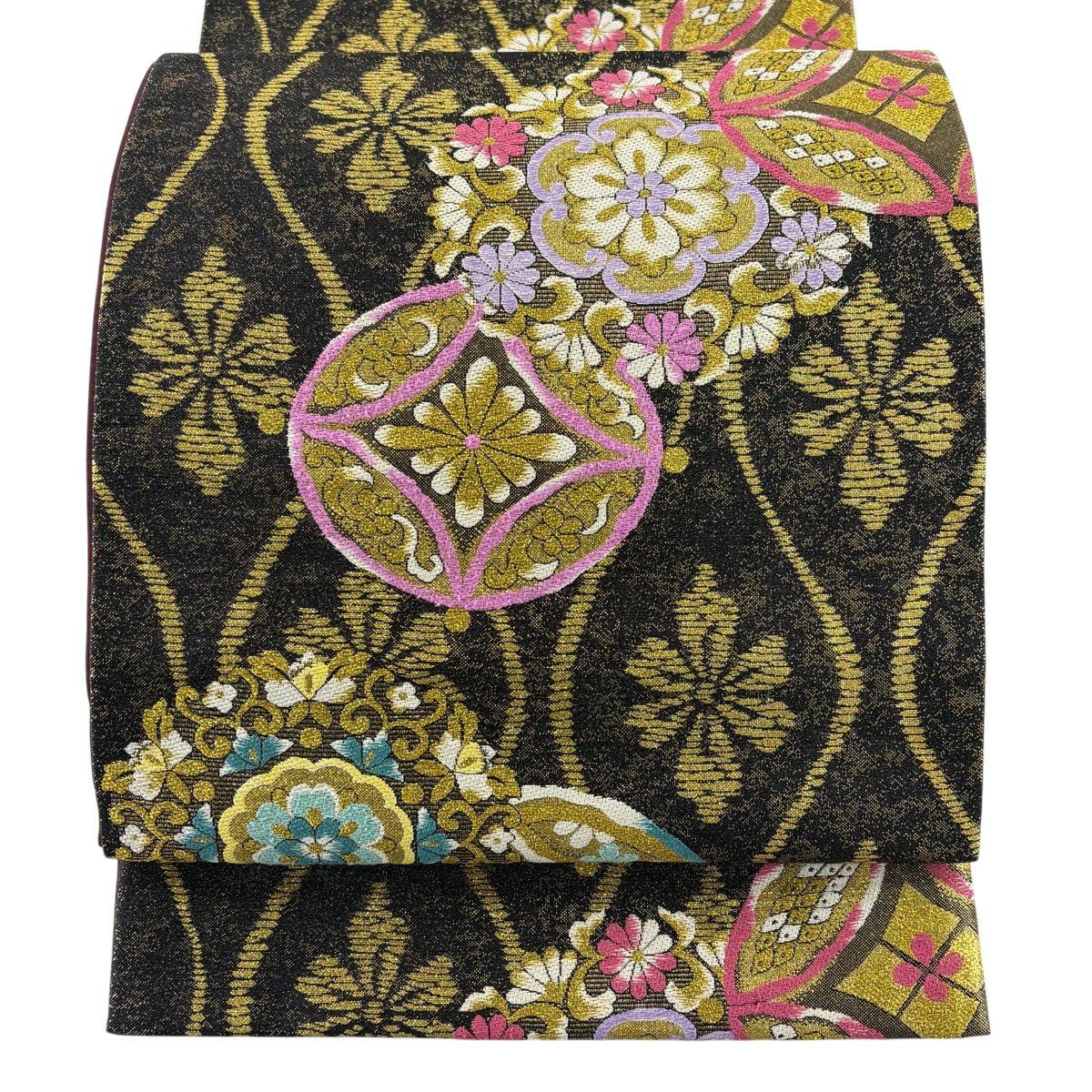 美品】 袋帯 秀品 振袖向き 桜 蝶 金糸 刺繍 黒 六通 正絹|中古 美品】 袋帯 秀品 振袖向き 桜 蝶 金糸 刺繍 黒 六通 正絹|中古