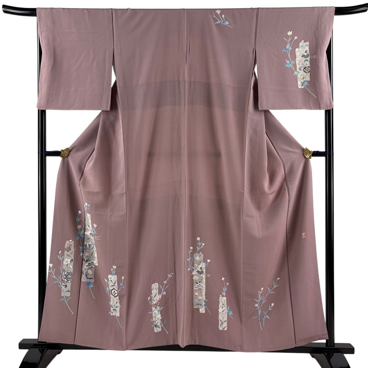 美品】 訪問着 身丈159cm 裄丈64.5cm M 袷 落款あり 菊 蝶 黒灰 正絹