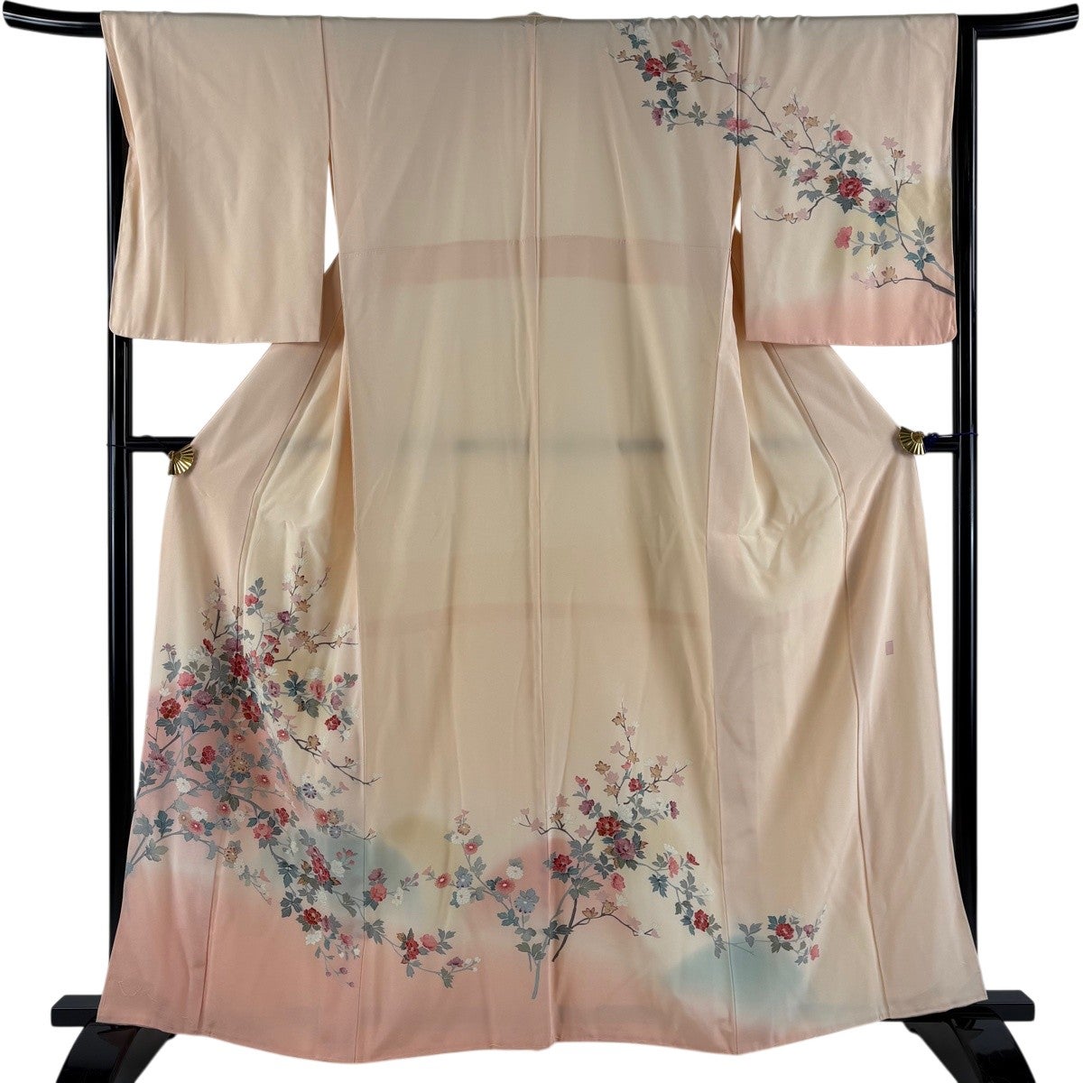 付け下げ　金彩　牡丹　菊花　桔梗　身丈156　裄61.5　正絹　着物　035tz 美品】 訪問着 身丈164cm 裄丈67.5cm L 袷 菊 牡丹 金彩 染め分け 茶紫