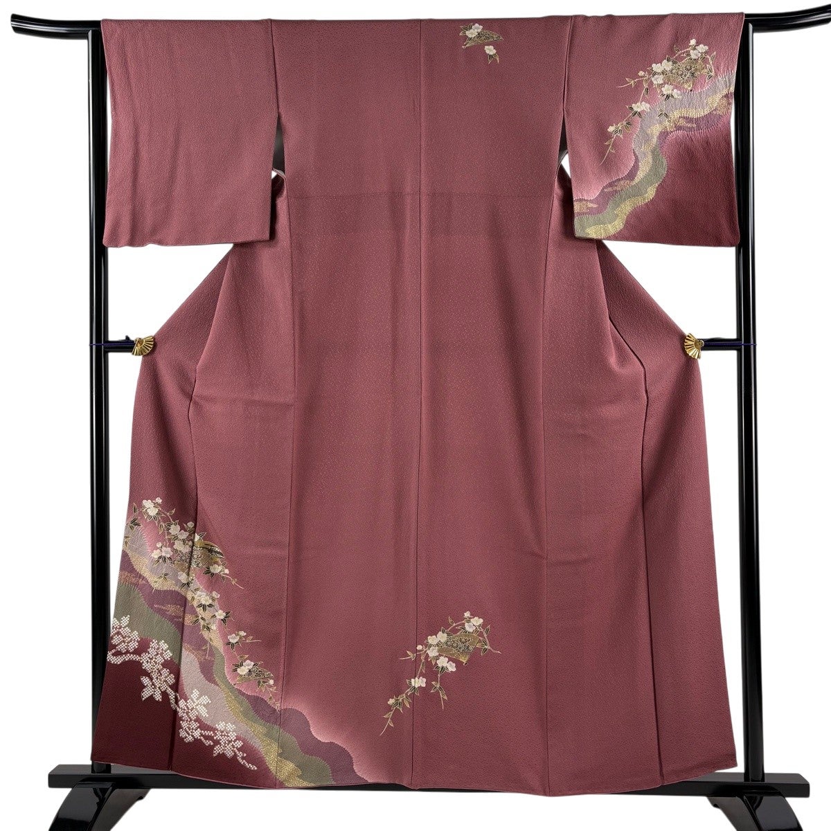 美品】 付下げ 身丈157cm 裄丈64cm M 袷 やまと 御所車 牡丹 ラメ 金彩