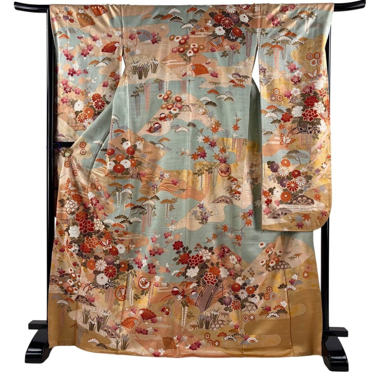 振袖 身丈168.5cm 裄丈67cm M 袷 蝶 花車 金糸 金彩 薄緑 正絹 秀品