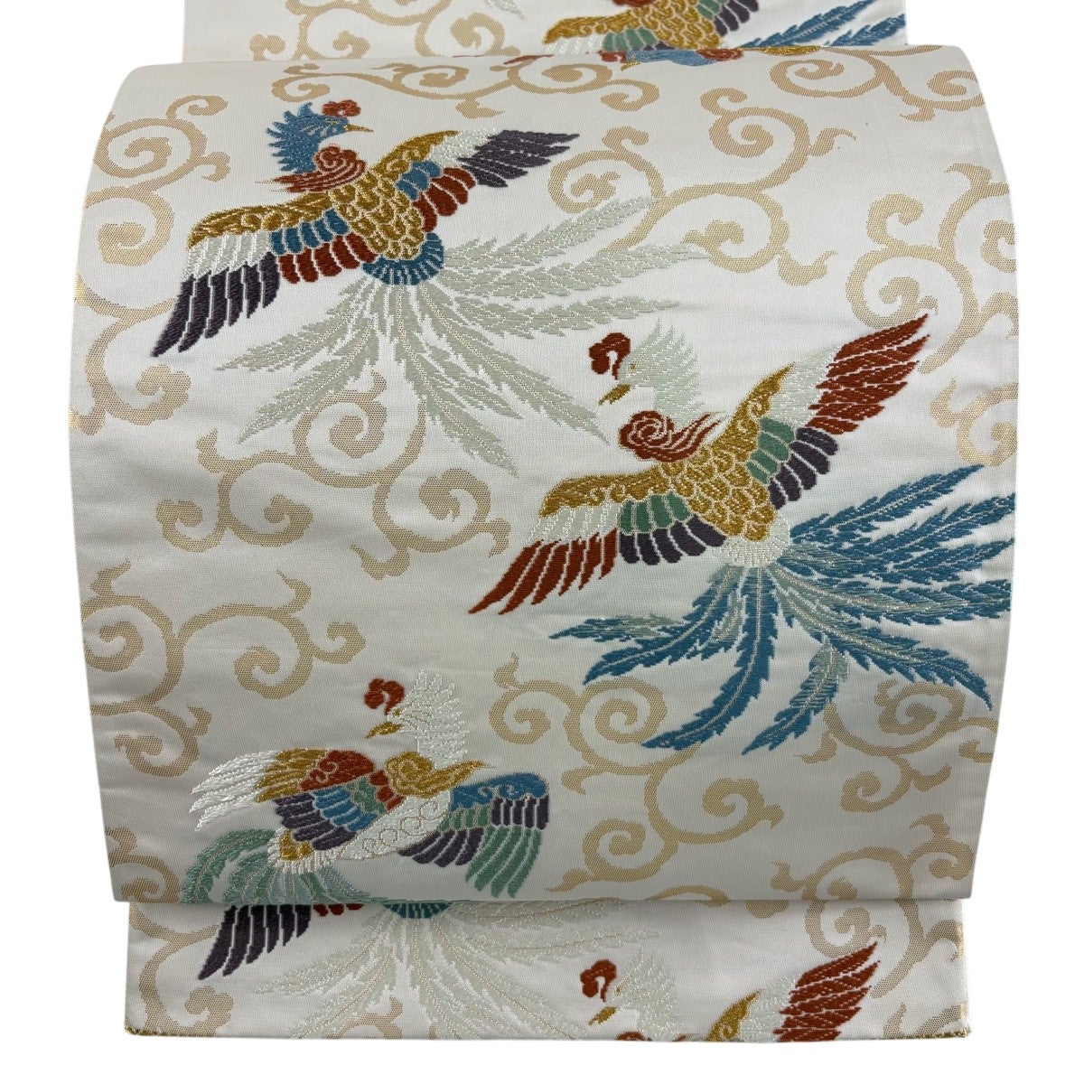 袋帯 秀品 関西仕立て 尾長鳥 唐草 箔 ベージュ 六通 正絹｜中古・古着