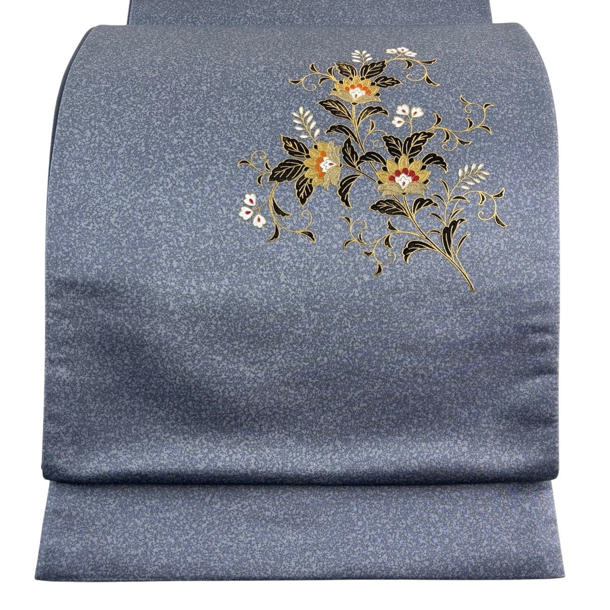 ✨️花織 名古屋帯 正絹 全通✨️極美品✨️ ‼️お買得‼️更に値下げ‼️ 美品】 名古屋帯 名品 菊 草花 金銀糸 箔 青灰色 正絹｜中古・古着