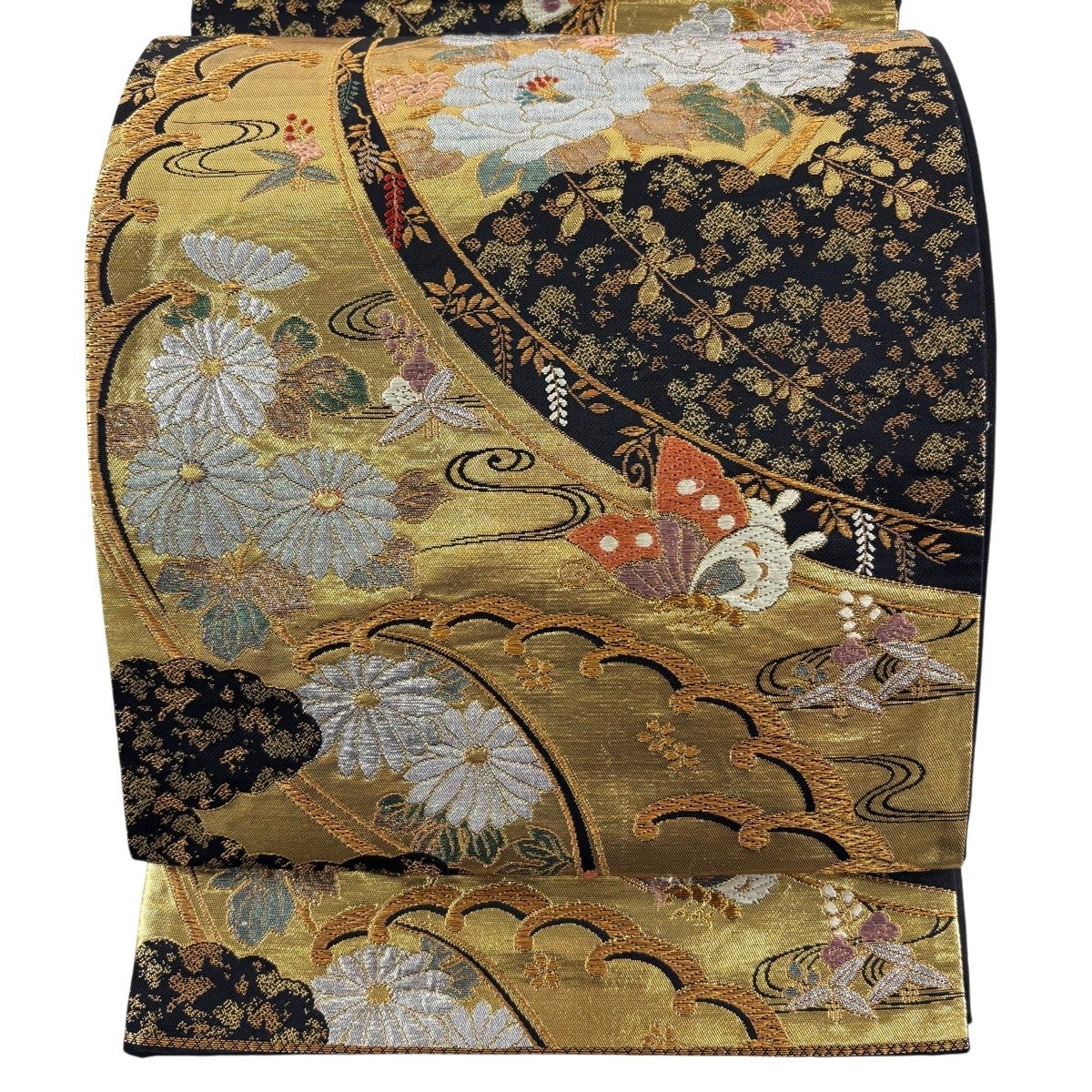 袋帯 蝶の刺繍 金糸使用　未使用 50%OFF 袋帯 秀品 関西仕立て 蝶 草花 金銀糸 箔 黒 六通 正絹 K50
