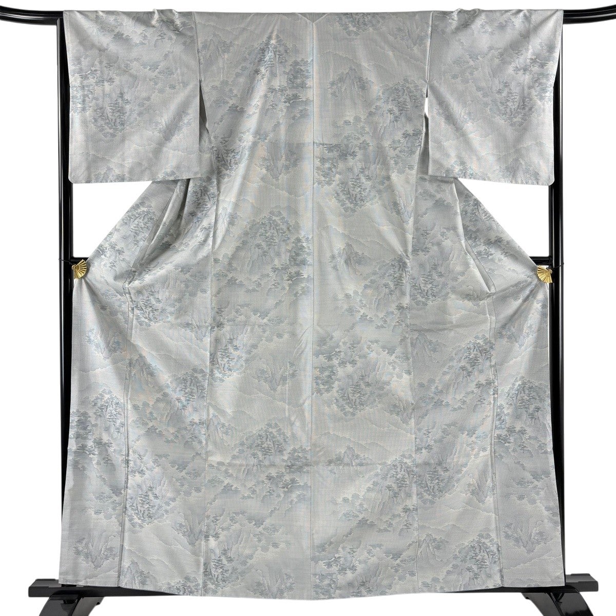特選 紬 着物 単衣 薄卵色 身丈162.5cm 裄65.5cm A855-4 美品】 紬 身丈162.5cm 裄丈65cm M 袷 やまと 樹木 岩山 青灰色 正絹