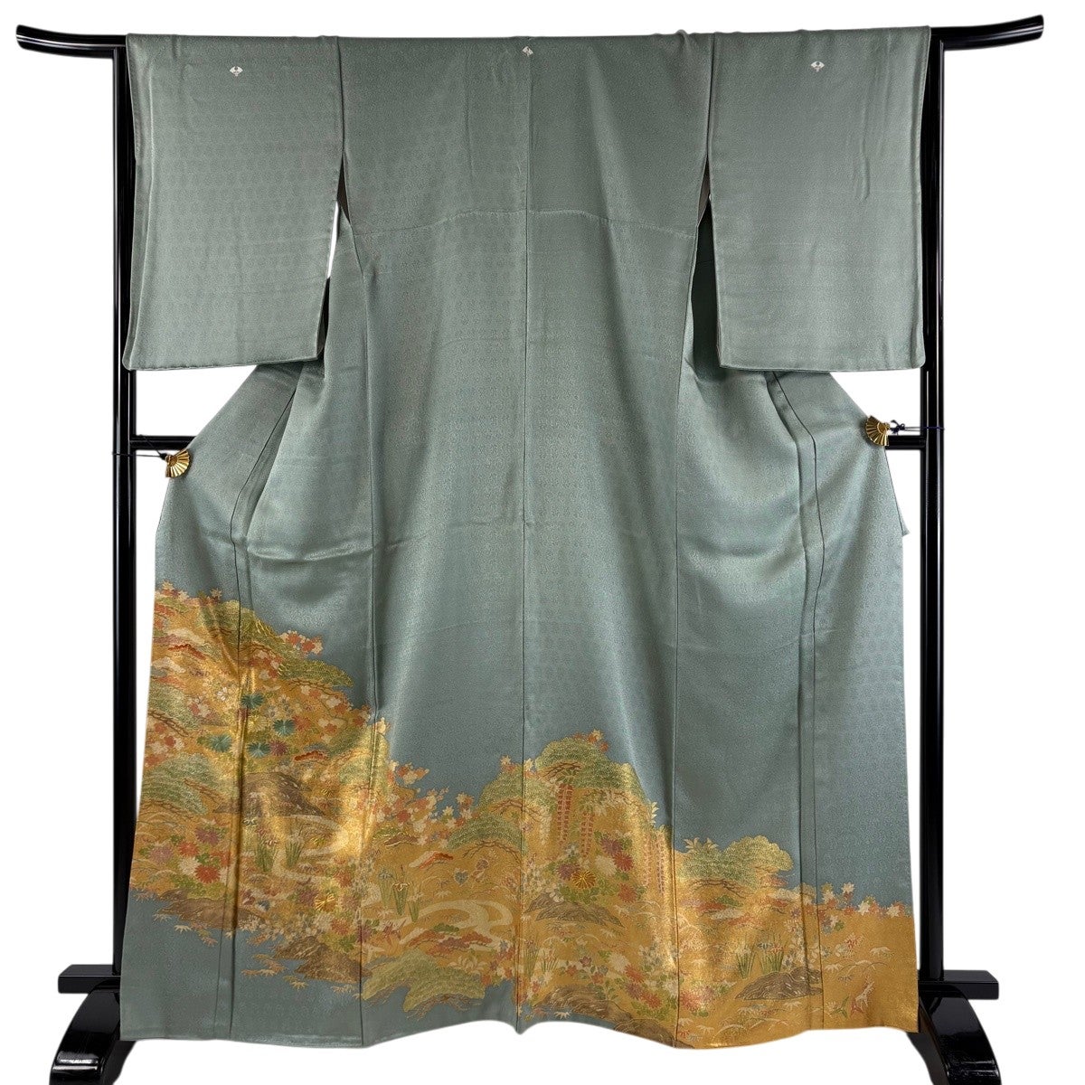 色留袖 身丈156.5cm 裄丈68cm 正絹 名品 【中古】 色留袖 身丈157.5cm 裄丈65cm M 袷 鳥 花 刺繍 金銀糸 茶緑色 正絹 秀