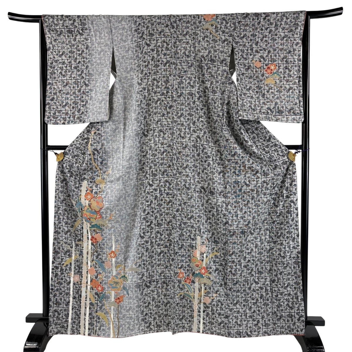 【着物】訪問着 金駒刺繍 松竹梅文 身丈約163.5cm 裄丈約65.5cm 24Z-1936 美品】 訪問着 身丈165.5cm 裄丈65.5cm M 袷 松竹梅 金糸 金彩 黒灰