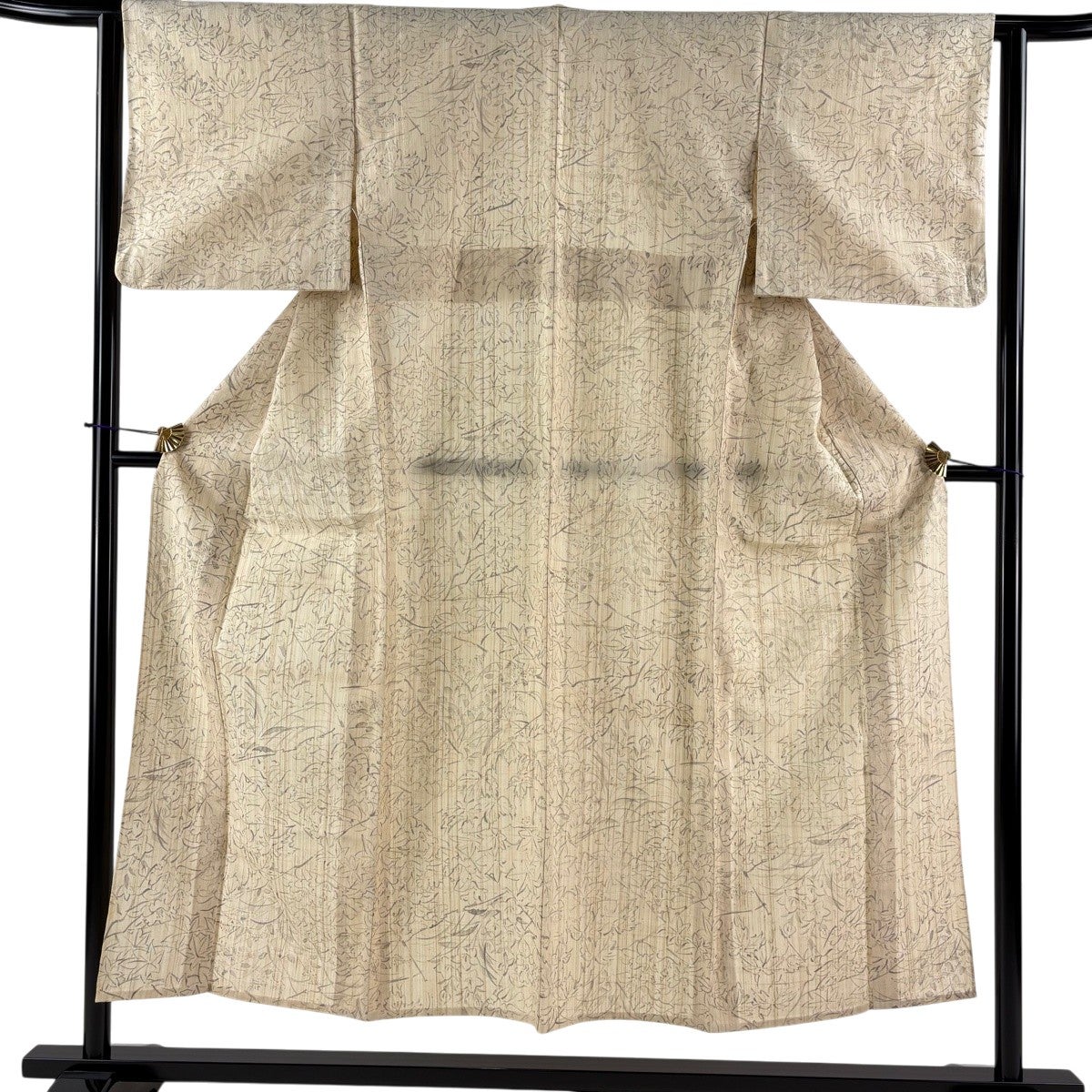 小紋 身丈151cm 裄丈62cm S 単衣 紬地 草花 ベージュ 正絹 秀品｜中古