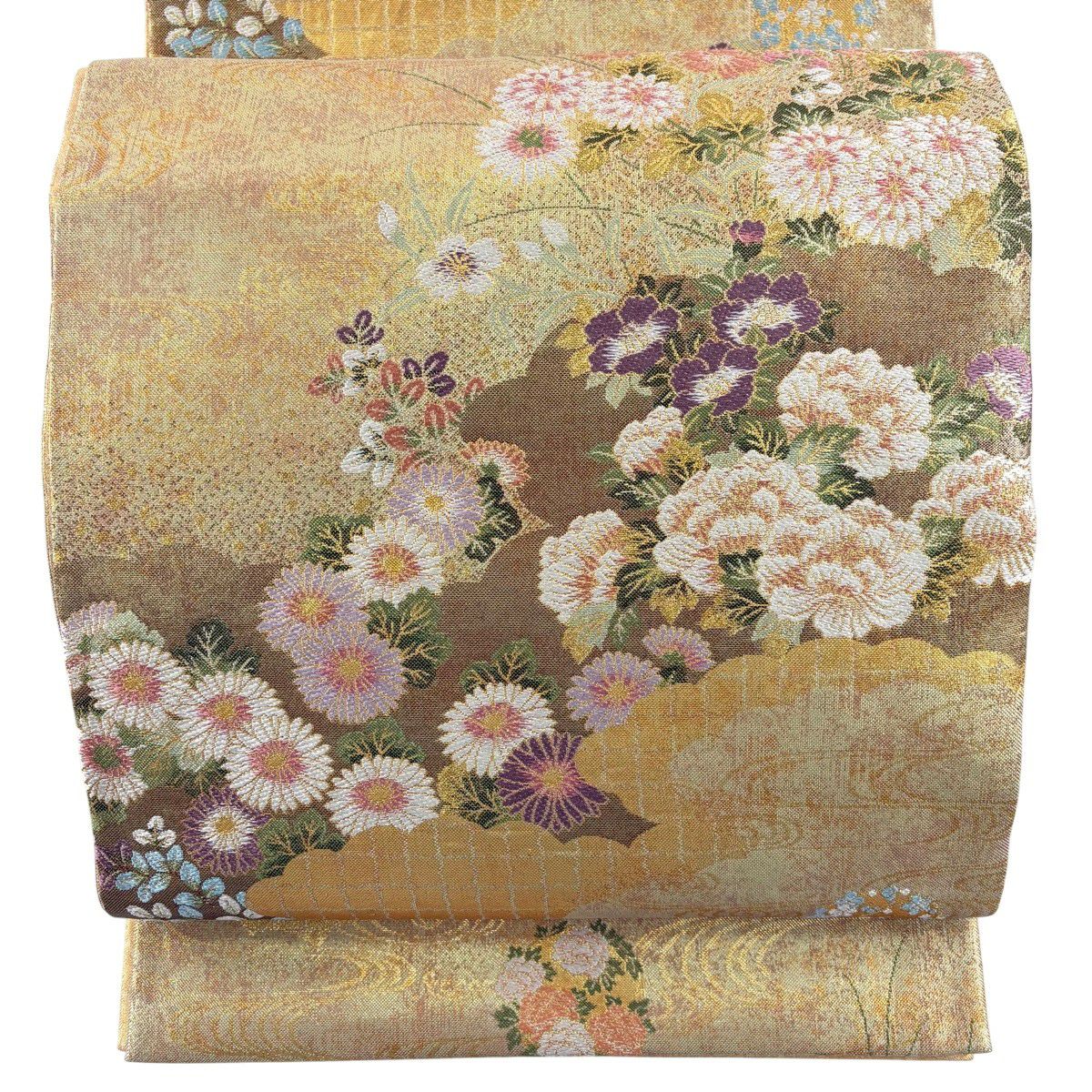 在庫一掃】 【美品】 袋帯 秀品 小菊豊華文 草花 雲文 金糸 箔 金色 六