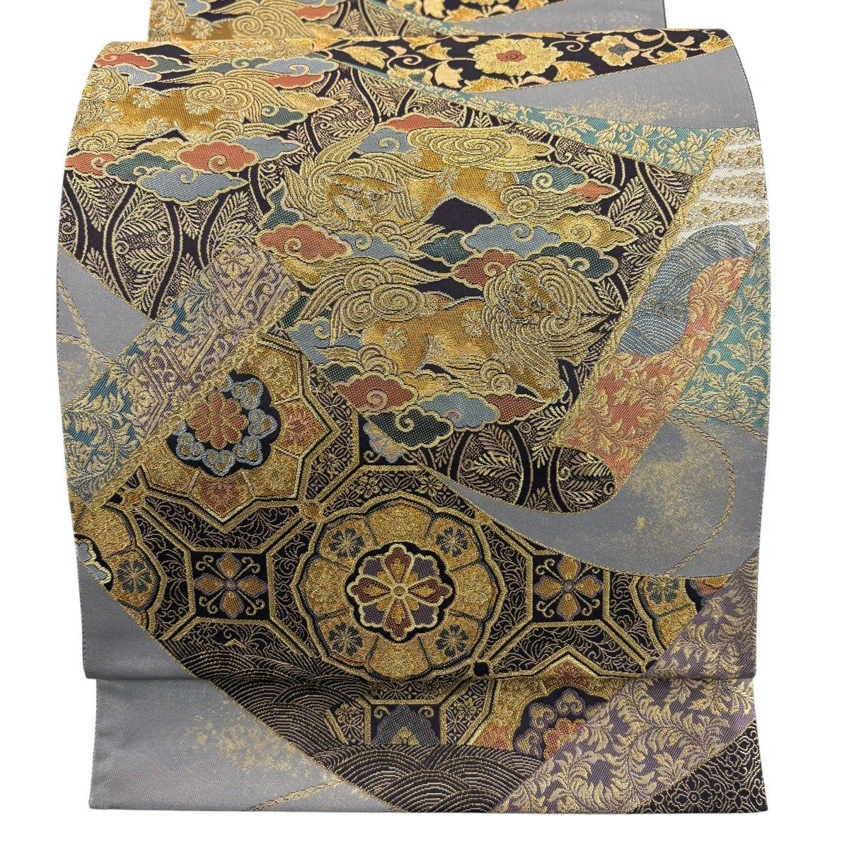 美品】 袋帯 名品 向鳥 花唐草 輪奈織 金糸 緑 六通 正絹|中古 美品】 袋帯 名品 向鳥 花唐草 輪奈織 金糸 緑 六通 正絹|中古