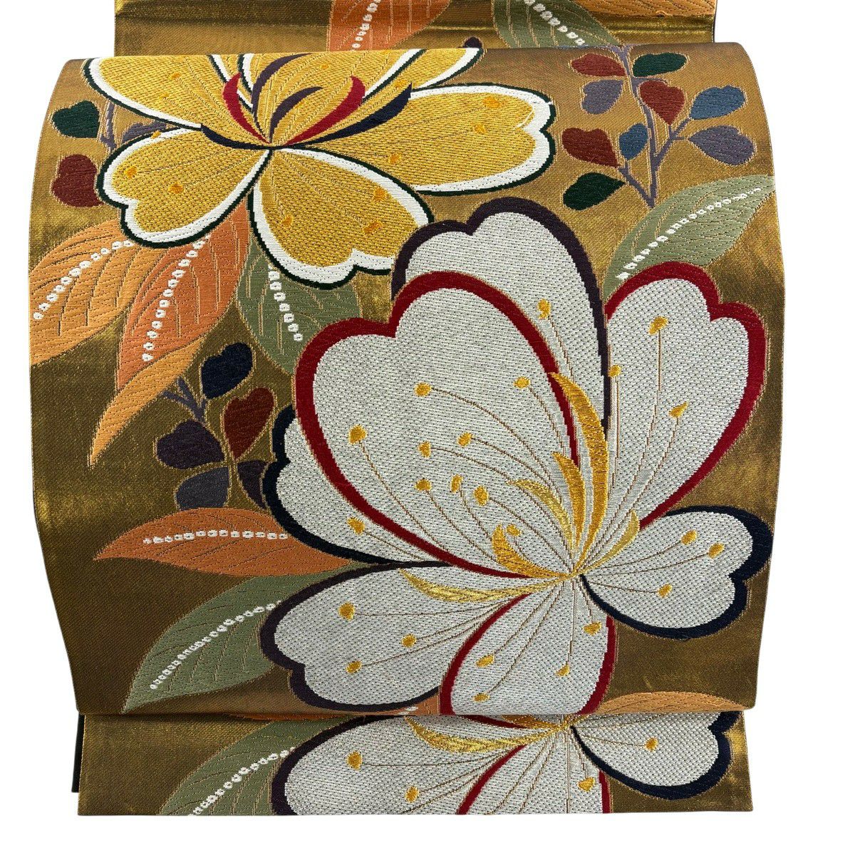 美品】 袋帯 秀品 四季草花文 唐織 箔 赤茶 六通 正絹｜中古・古着