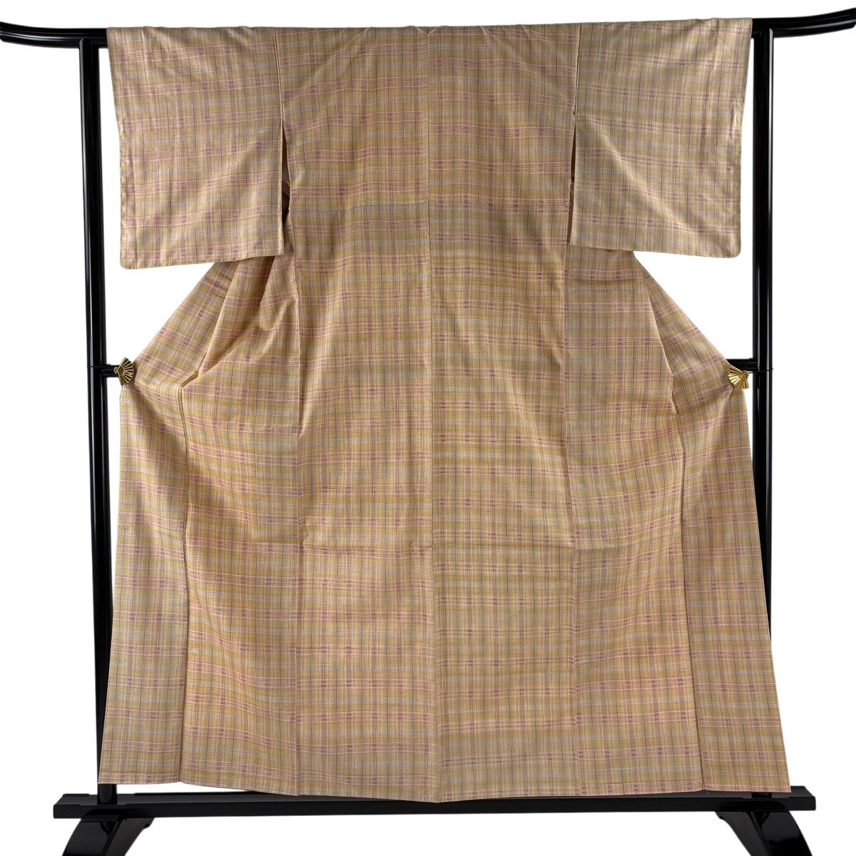 紬 身丈158cm 裄丈62cm S 袷 格子 薄オレンジ 正絹 秀品｜中古・古着