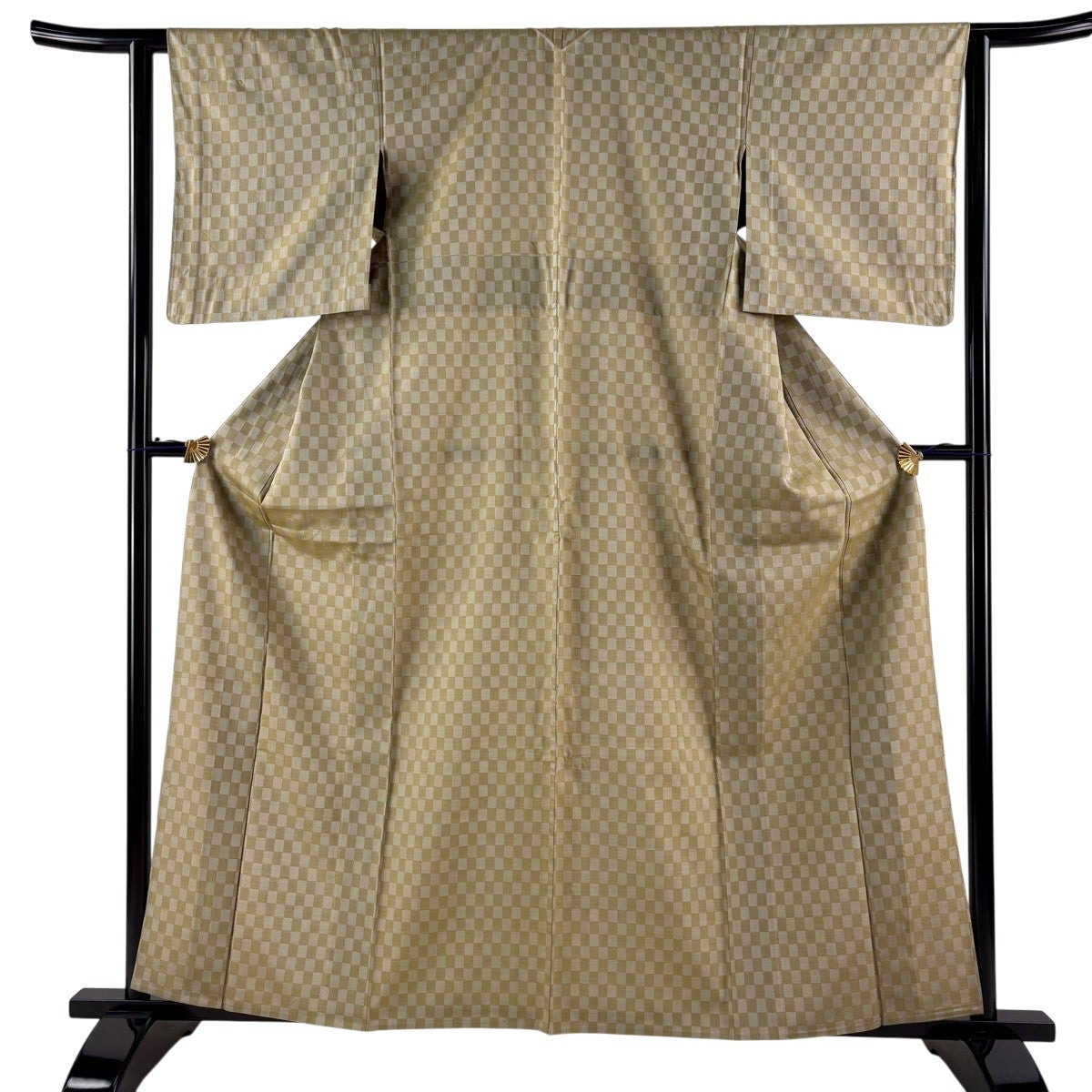 美品】 紬 身丈163cm 裄丈63cm S 単衣 変わり市松 灰緑 正絹 秀品