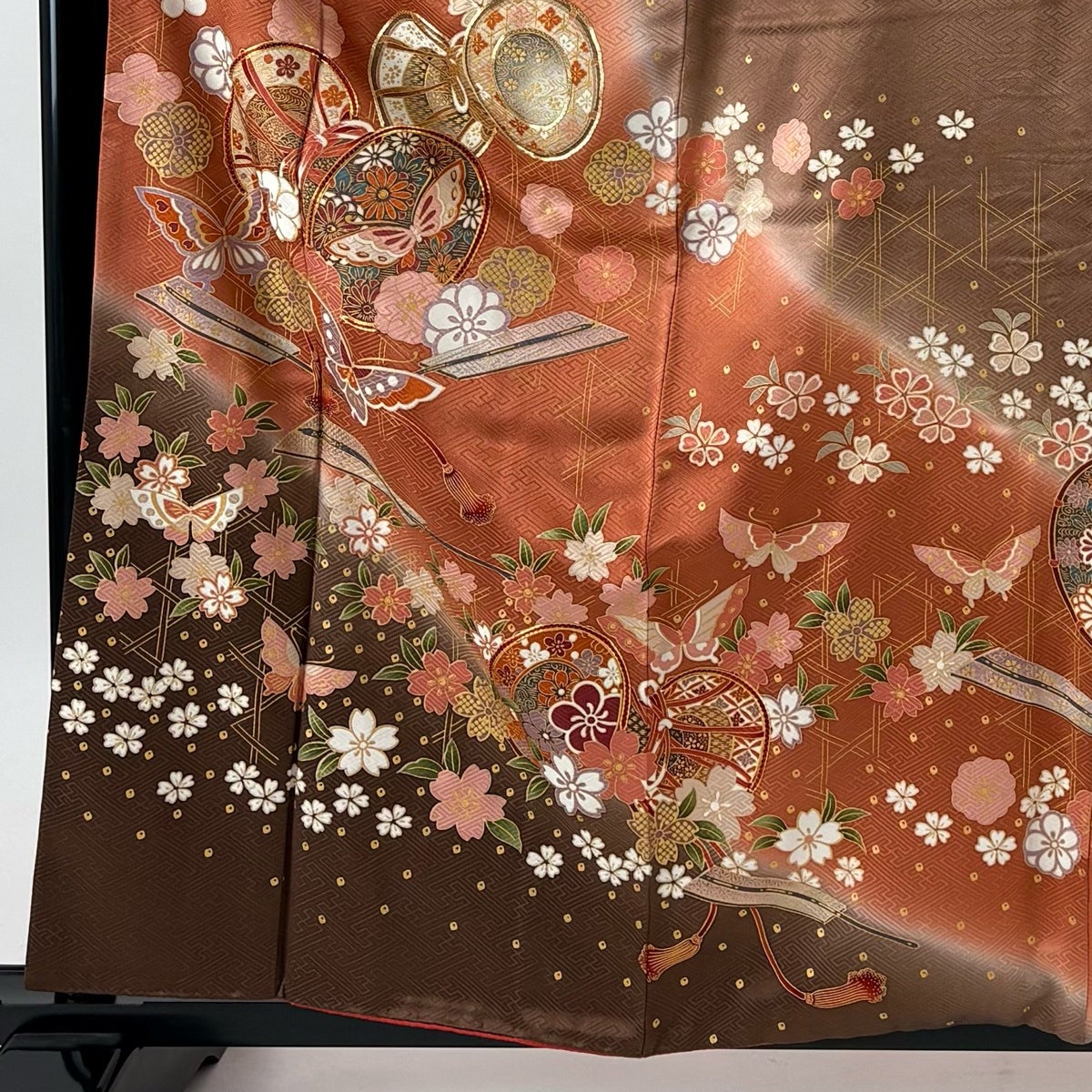 振袖 身丈159cm 裄丈67.5cm L 袷 鼓 桜 金糸 金彩 赤茶 正絹 秀品