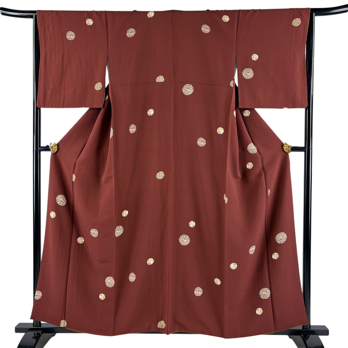 美品】 小紋 身丈158cm 裄丈63.5cm S 袷 丸文 花 赤茶 正絹 秀品｜中古