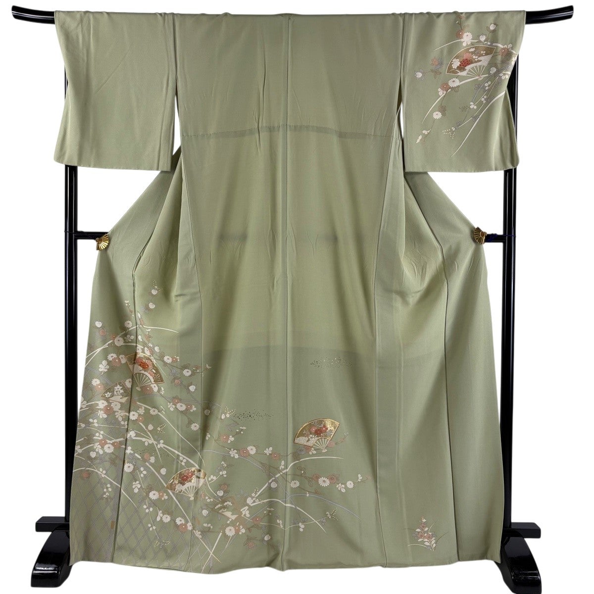 美品】 訪問着 身丈165cm 裄丈65cm M 袷 菊 金糸 金彩 薄緑 正絹 秀品