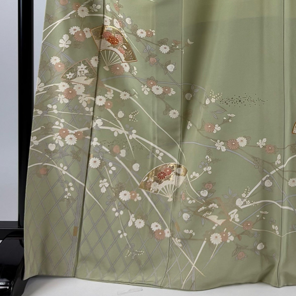 訪問着 身丈169cm 裄丈69.5cm L 袷 扇 菊 金糸 金彩 薄緑 正絹 秀品
