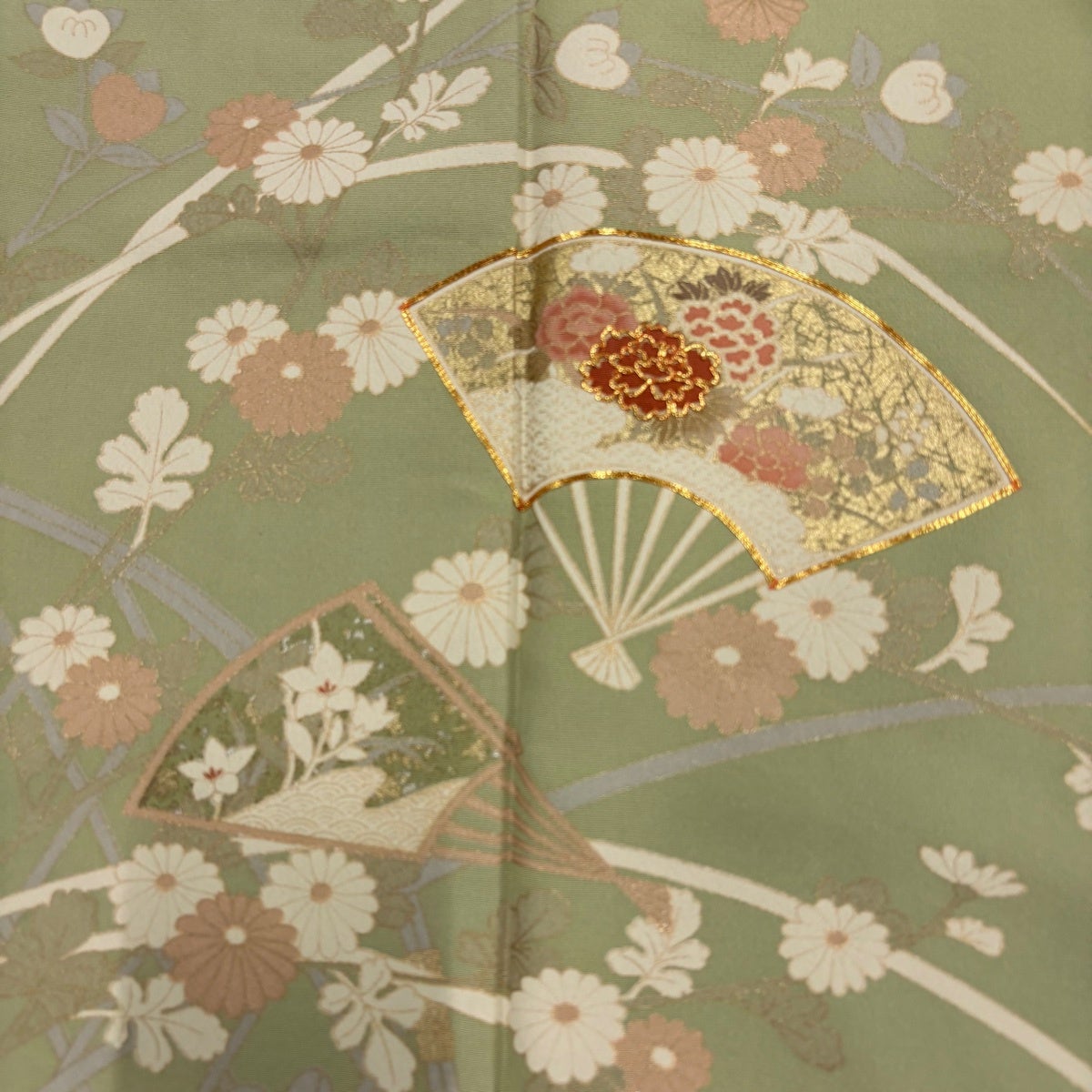 訪問着 身丈169cm 裄丈69.5cm L 袷 扇 菊 金糸 金彩 薄緑 正絹 秀品