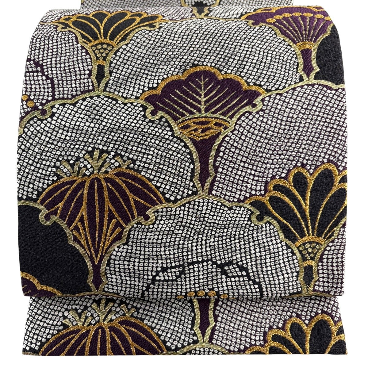 最終価格】 73%OFF 【美品】 名古屋帯 名品 雪輪笹青海波 唐織 箔 灰茶