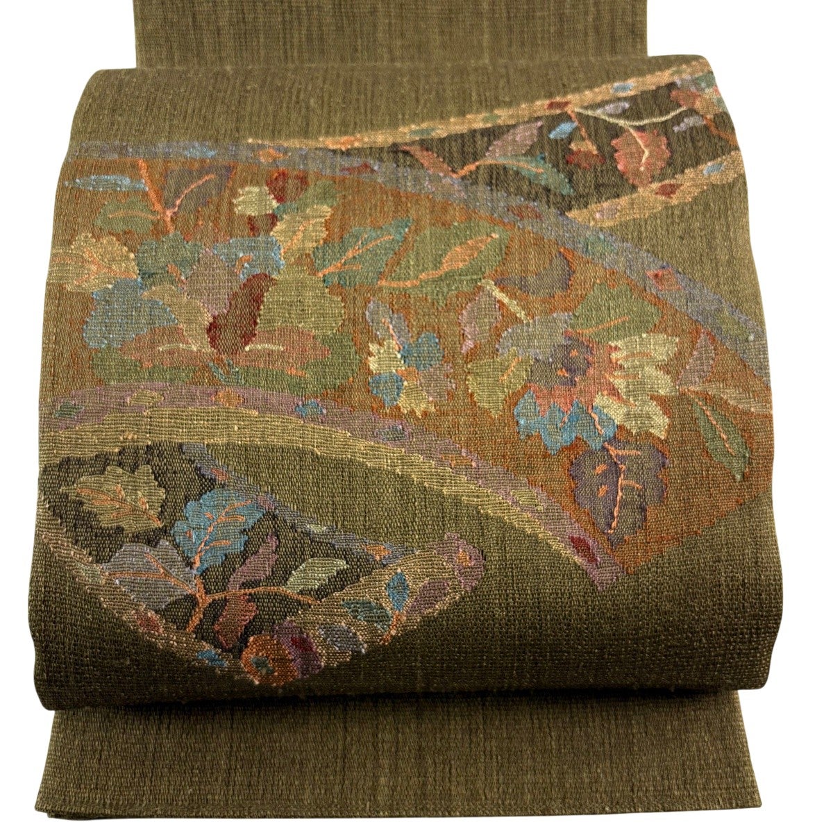 美品】 袋帯 秀品 紬地 草花 刺繍 茶緑色 お太鼓柄 正絹｜中古・古着