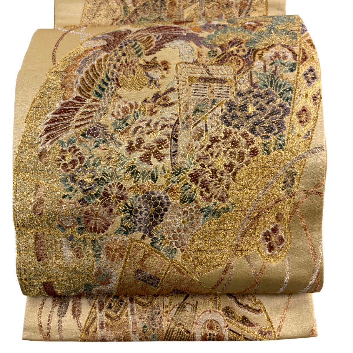 袋帯 秀品 夏帯 絽 竜田川 華文 鳥 金銀糸 箔 薄ピンク 六通 正絹