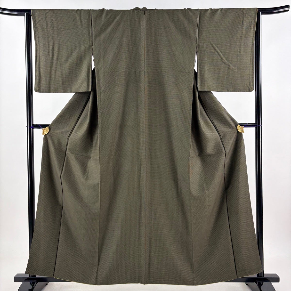 美品】 小紋 身丈159cm 裄丈64.5cm M 袷 袋帯セット 紬地 格子 茶緑色