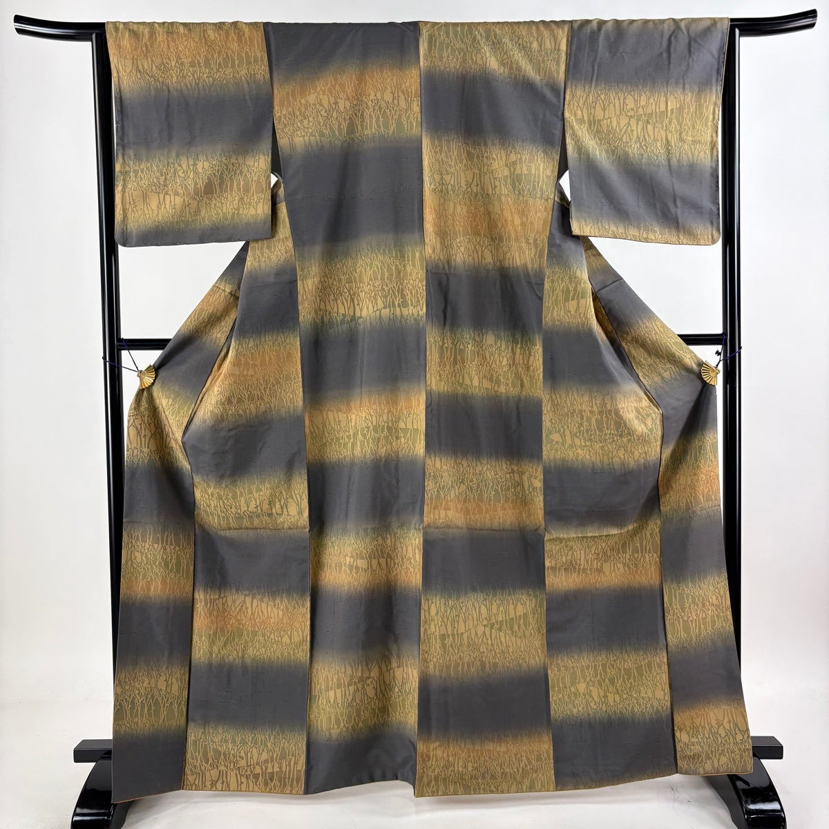 美品】 小紋 身丈165.5cm 裄丈65cm M 袷 袋帯セット 紬地 樹木 横段