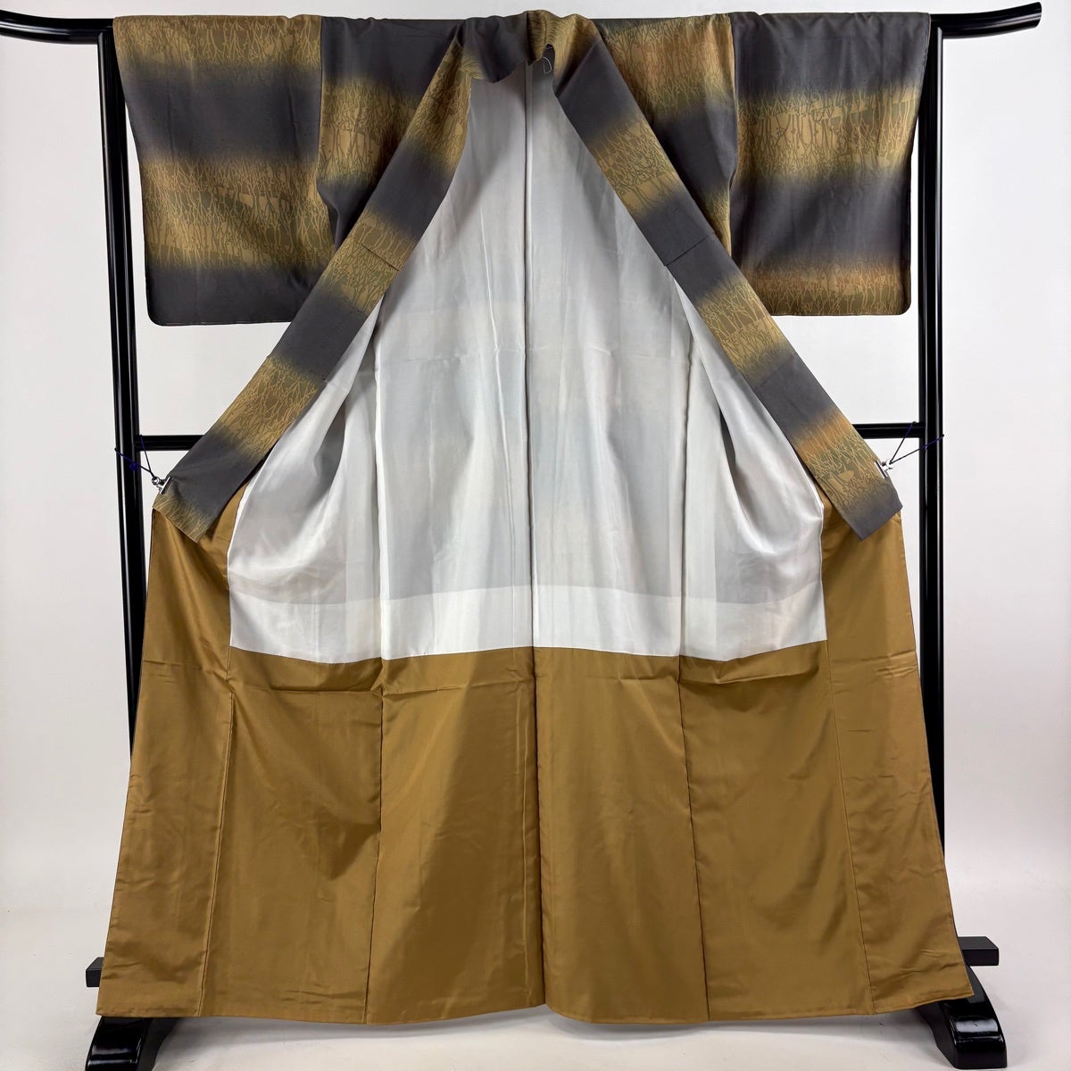美品】 小紋 身丈165.5cm 裄丈65cm M 袷 袋帯セット 紬地 樹木 横段 美品】 小紋 身丈165.5cm 裄丈65cm M 袷 袋帯セット 紬地 樹木 横段